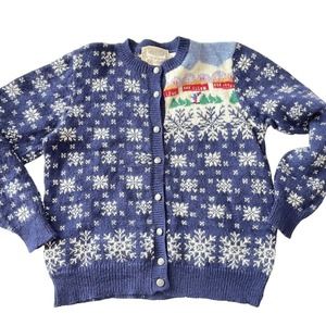 Susan Bristol Cardigan Blue Snowflakes Holiday Shetland Wool Vintage 80s Medium